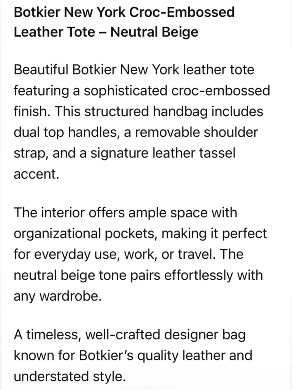 Botkier New York Tan Leather Croc Embossed Tote Bag Tassel